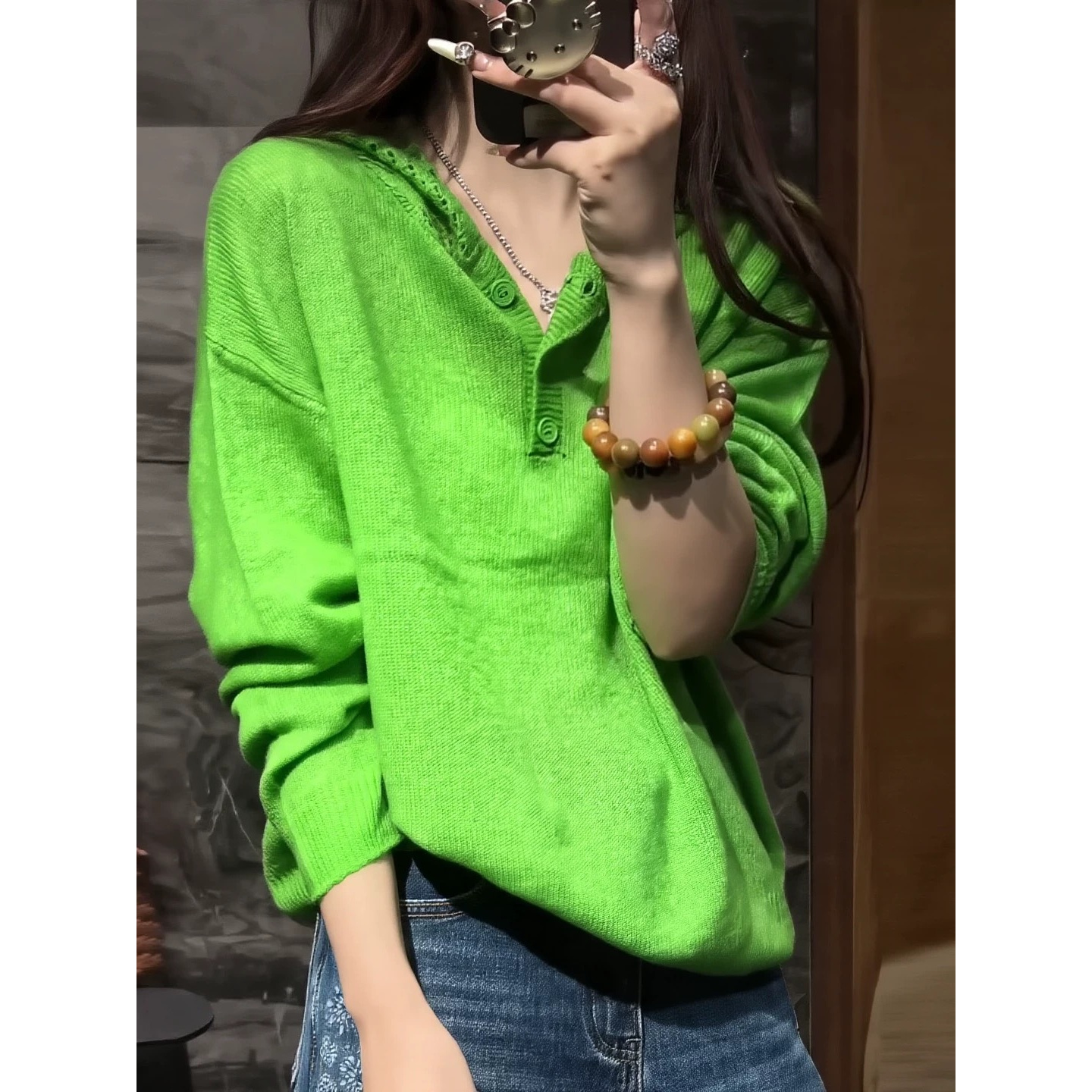 独宠【冬日绿草】高级气质显瘦法式套头2色百搭上衣小衫