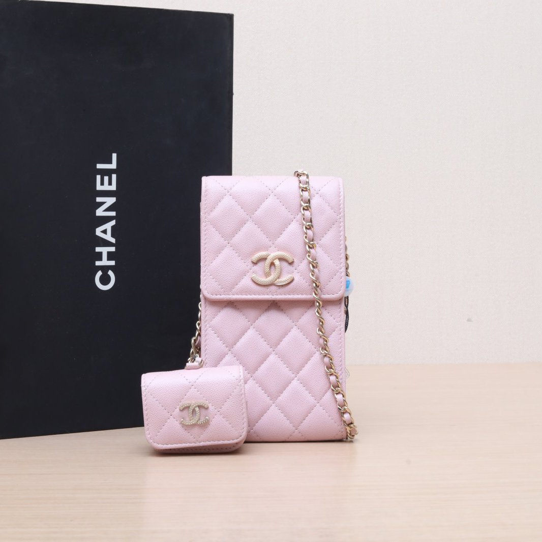 95新 Chanel/香奈儿 小花黑黑 粉色 22春夏 手机包二合一 芯片开