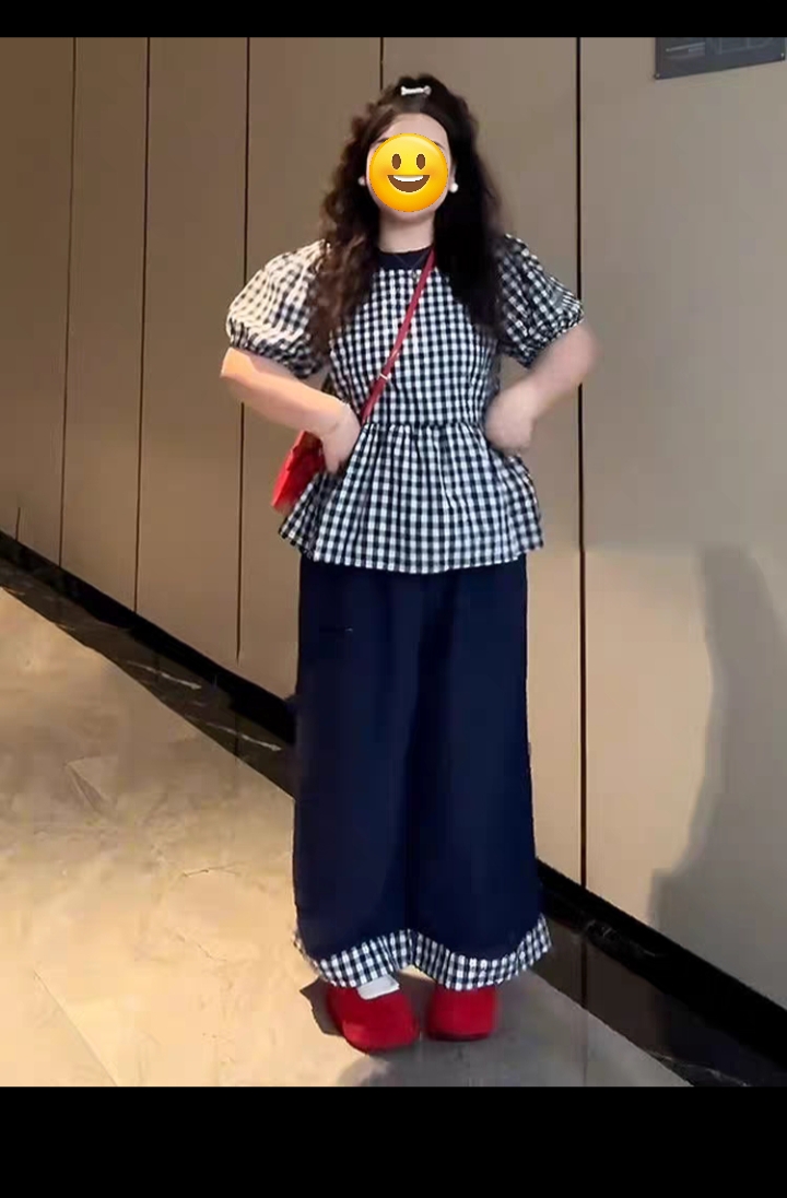 1901大码女装格子短袖+阔腿裤套装