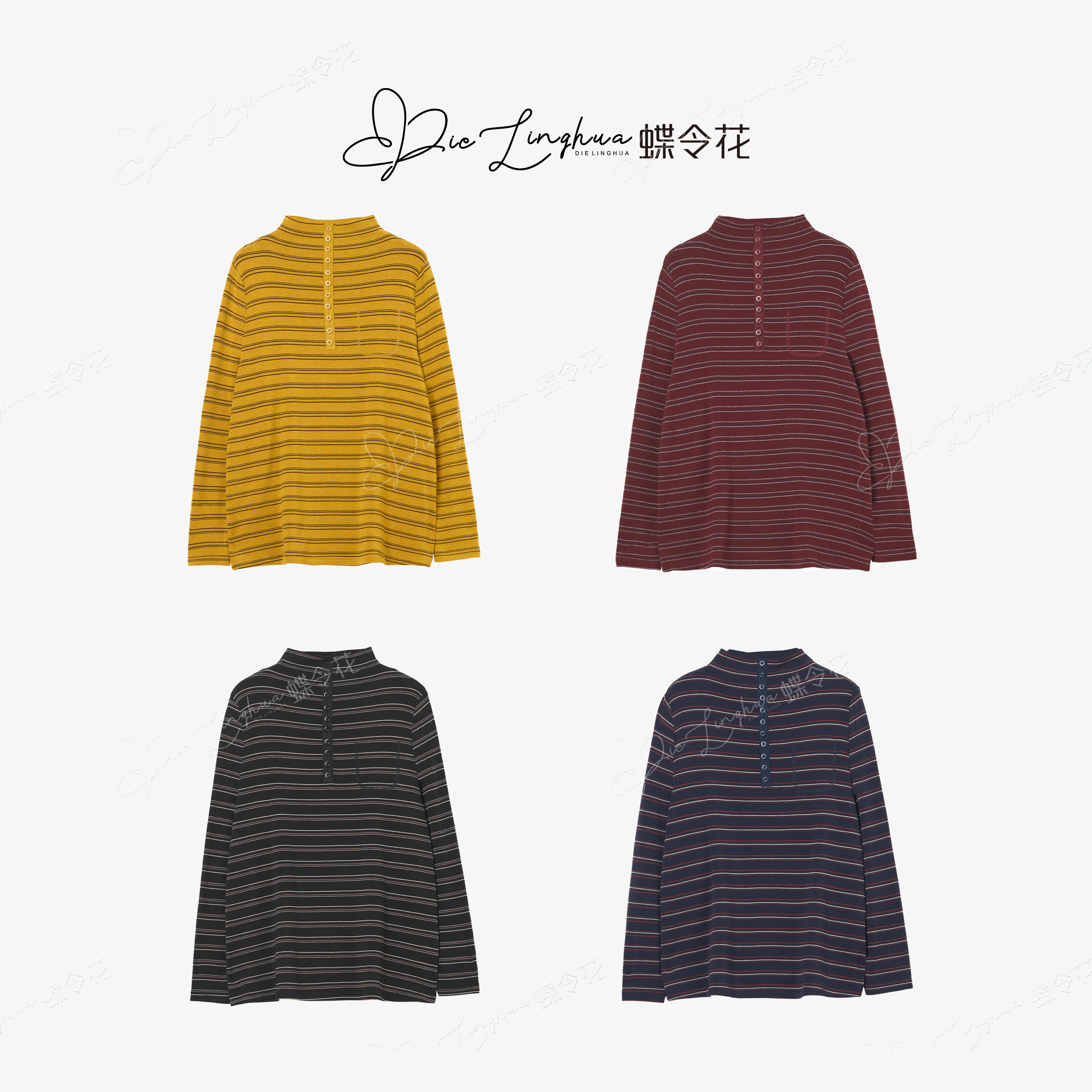 蝶令花秋季新品条纹简约复古时尚百搭宽松显瘦圆领长袖T恤520282