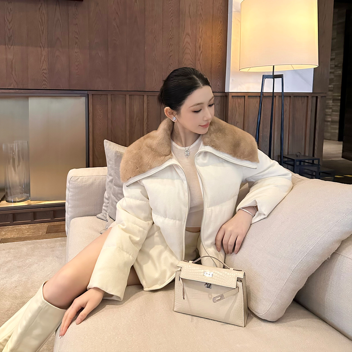 SX善喜水貂毛大翻领羊毛骆驼绒90鹅绒服女高级气质老钱风时髦外套