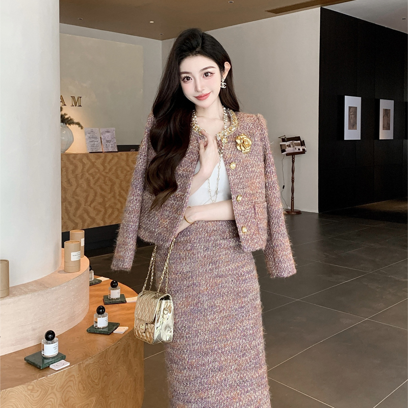 【圆圆】充绒薰衣草高级感时尚显瘦遮肉微胖大码女装胖mm小香风套装