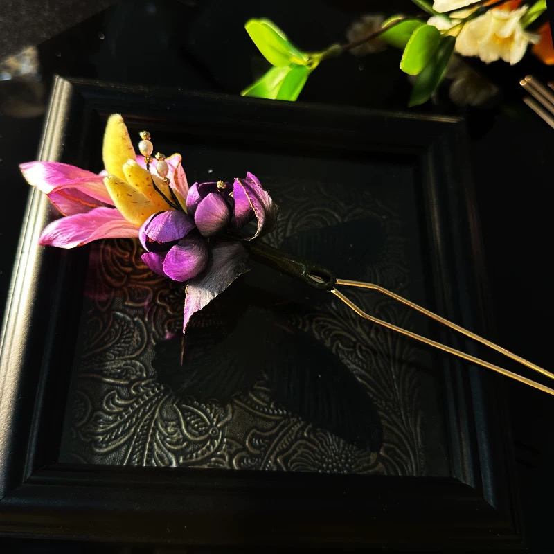 紫色炸火花绒花发簪