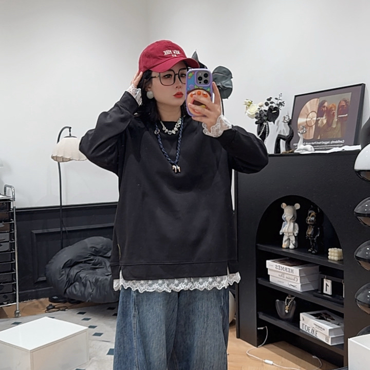 哆唛856885款新款减龄宽松圆领长袖蕾丝拼接中长款百搭秋冬女T恤