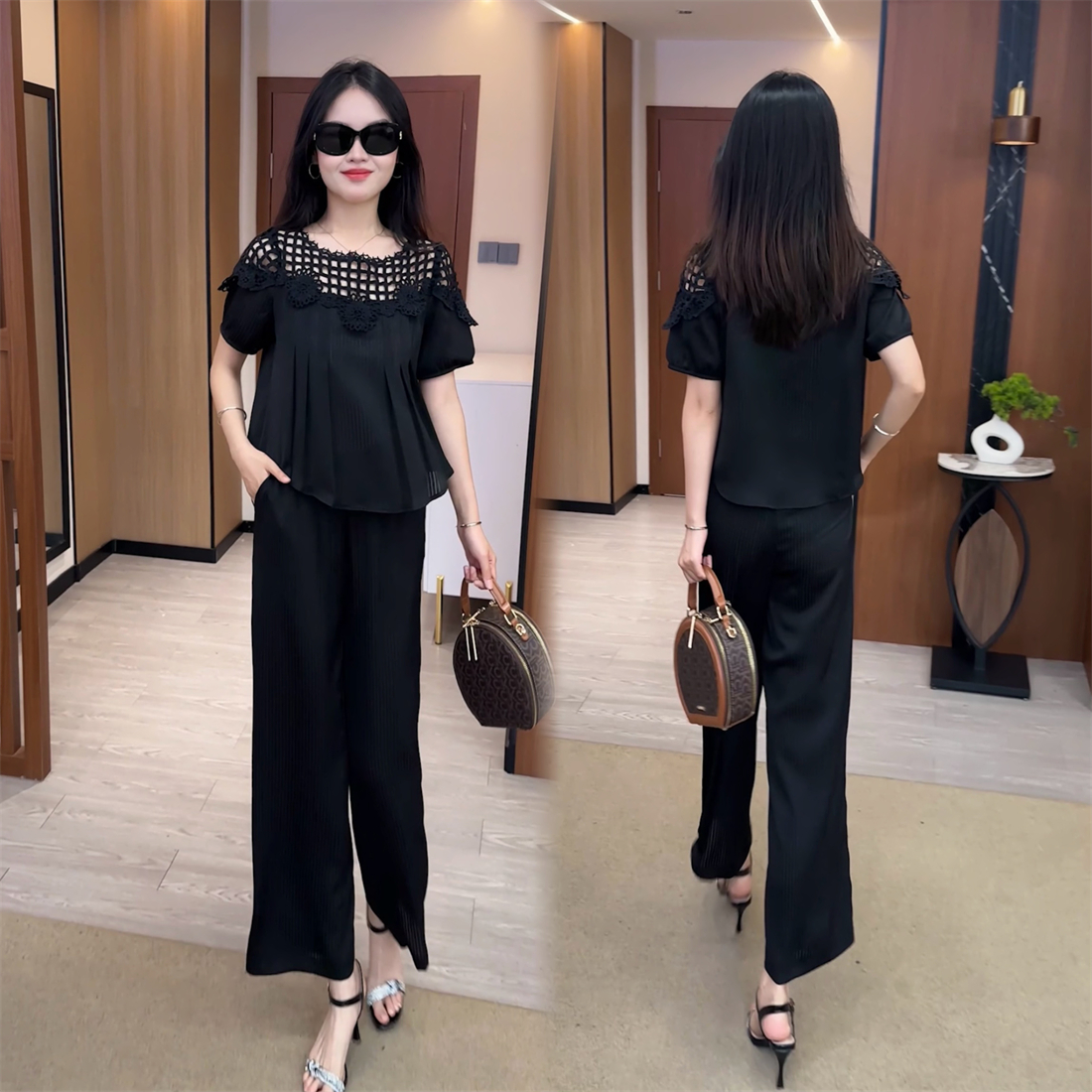 【婉星儿品牌】显瘦气质洋气时尚休闲夏季黑色短袖套装减龄韩版