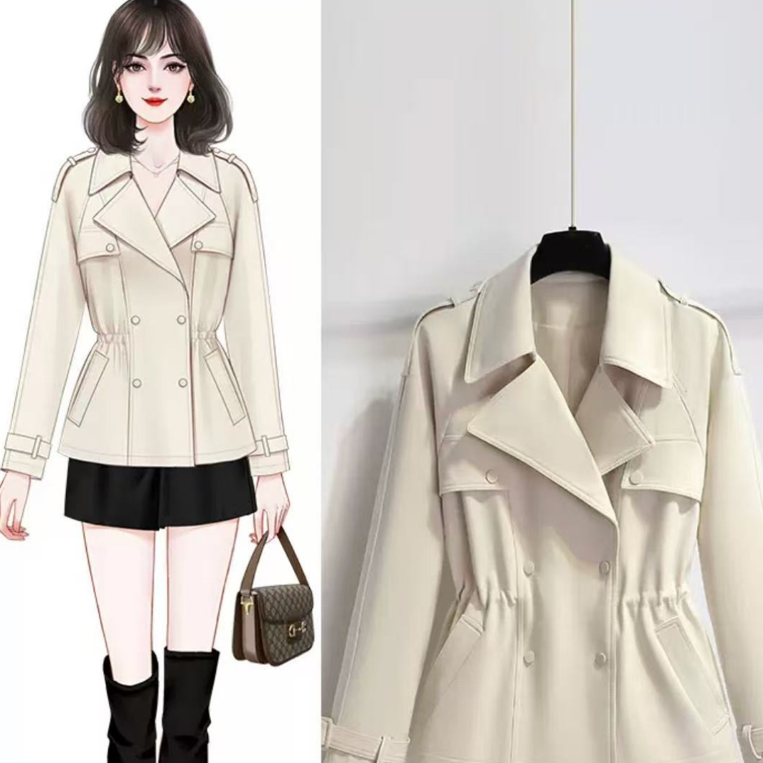 女小个子春秋款短款风衣外套气质时尚休闲百搭修身奶白色抽绳收腰