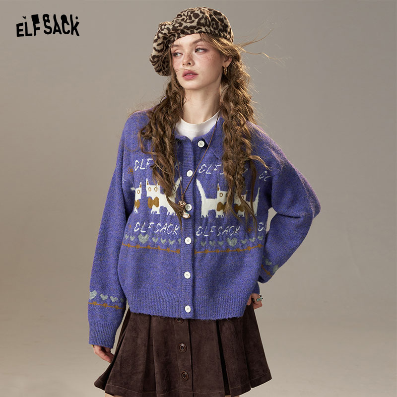 【陈嘉尔专属】妖精的口袋猫咪费尔岛提花开衫毛衣女2025秋冬新款