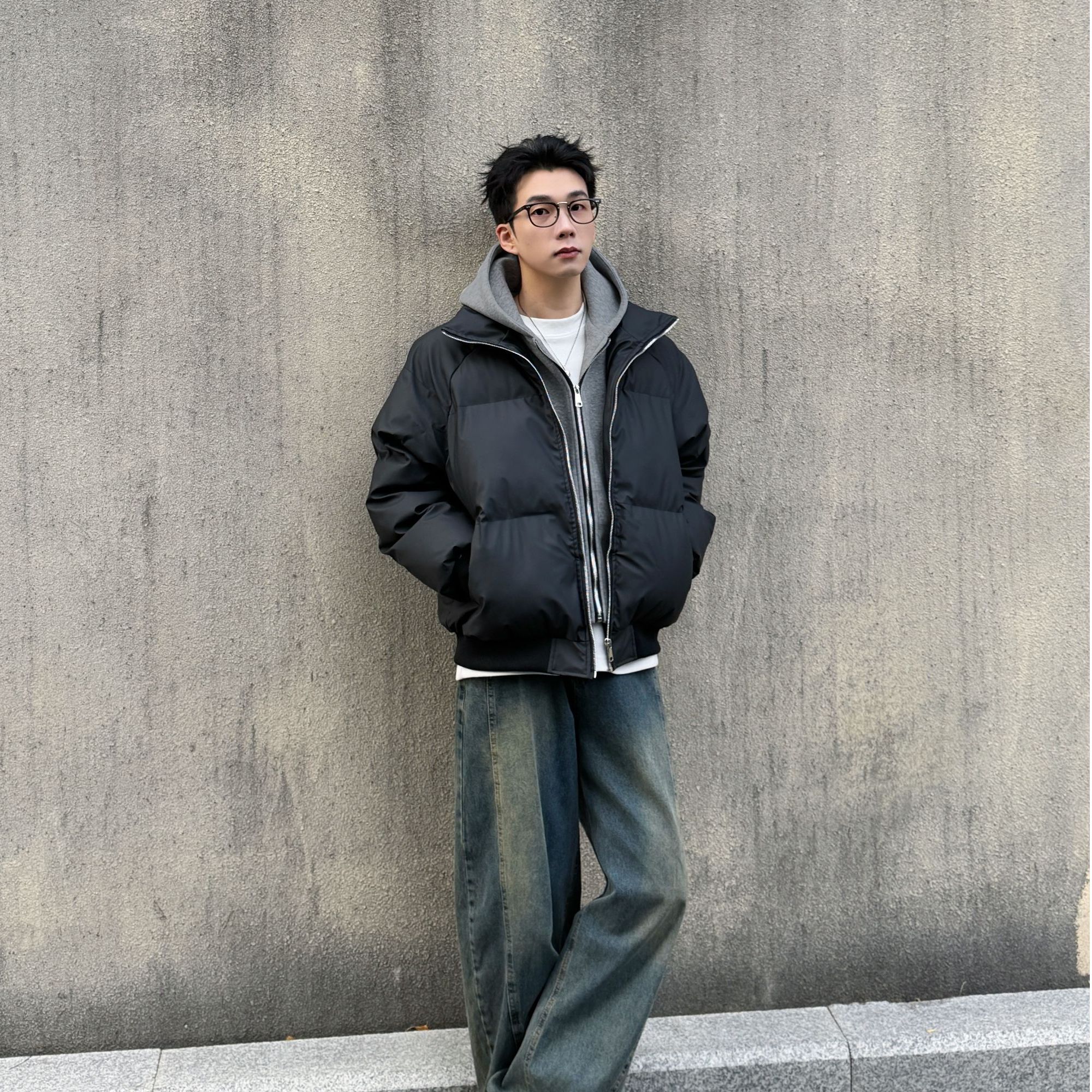 美式假两件PU皮连帽棉衣男潮牌短款廓形夹克外套冬季加厚保暖棉袄