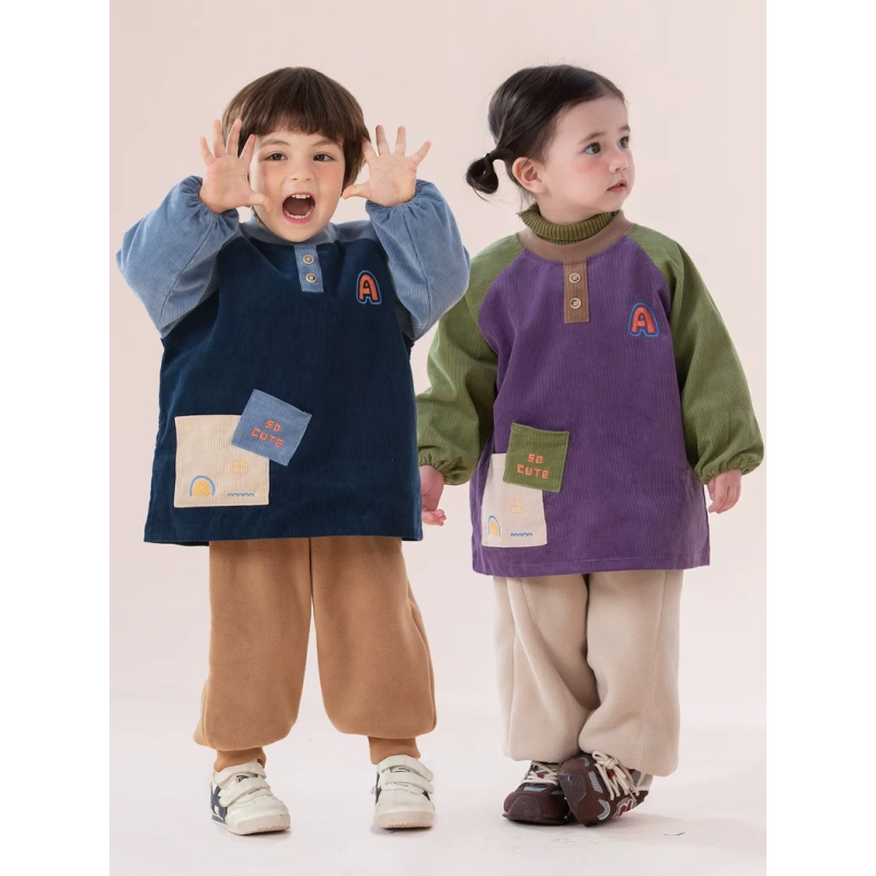 宝宝洋气长袖罩衣防水吃饭围兜儿童羽绒服防脏护衣倒褂按扣反穿衣