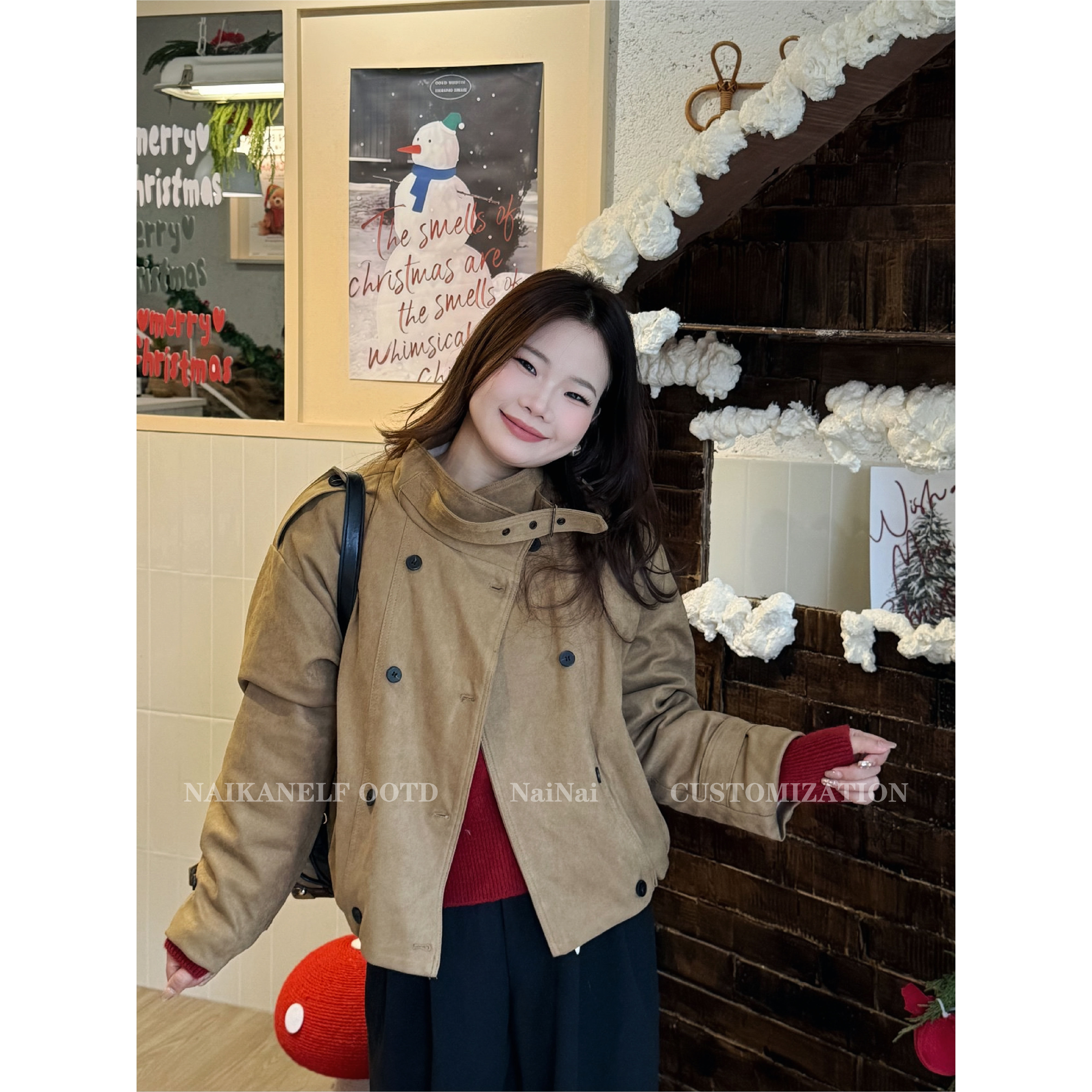 奈看小个子【环游名片】冬季美拉德双排扣麂皮立领夹克毛毛外套