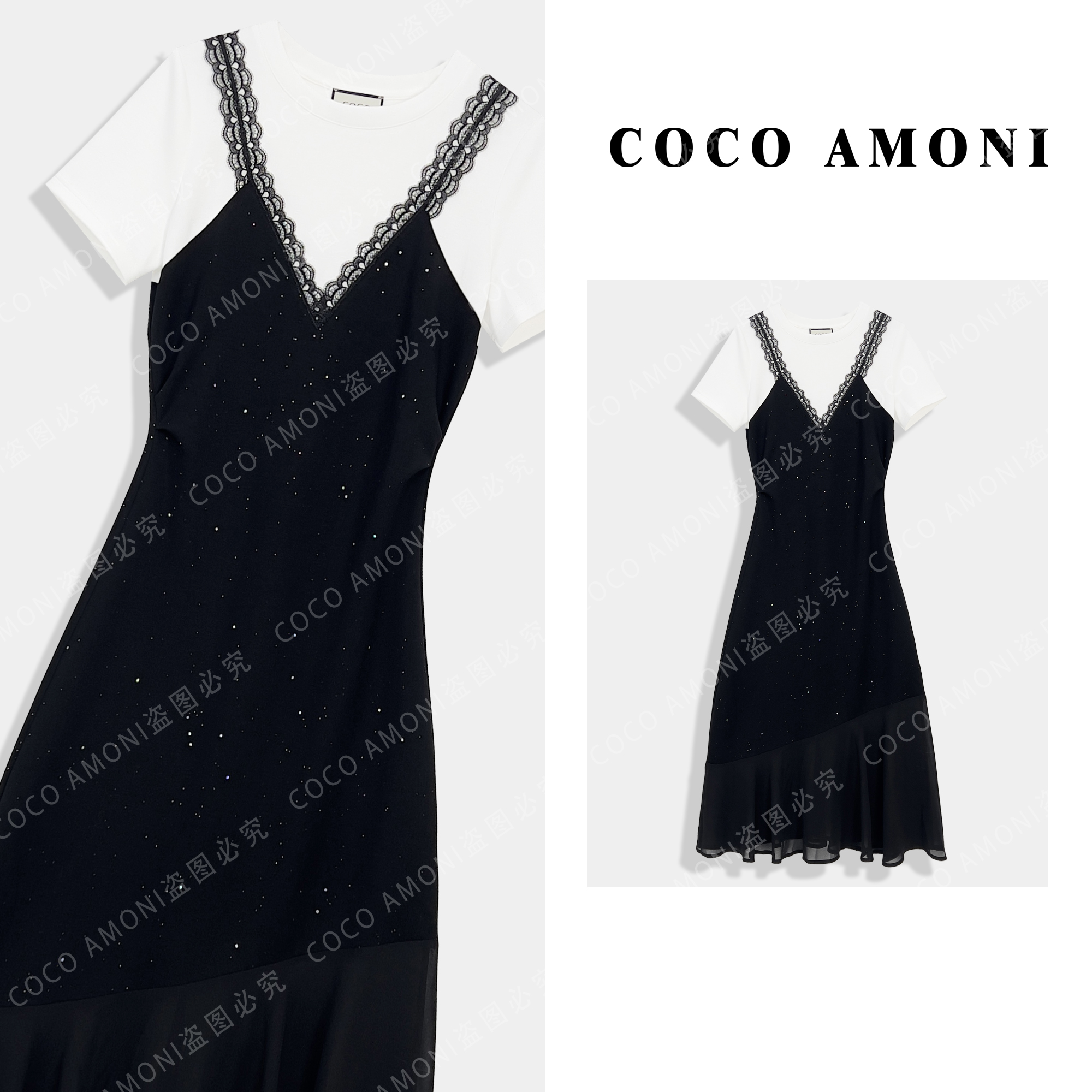 时尚设计师款带亮钻高级感女装拼接假两件显瘦气质连衣裙AC732