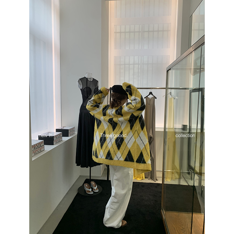 THREE GOOOD/三吉 羊毛混纺格子多色提花毛织开衫实穿Y725S11189