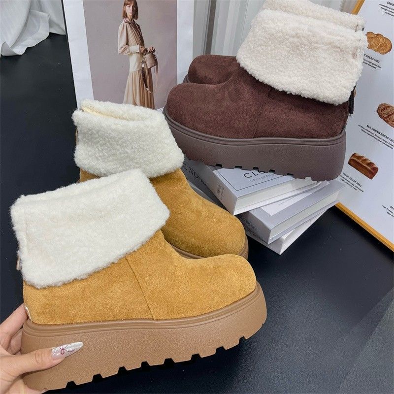 2025冬季新款翻毛口厚底增高雪地靴女芒果头短筒加厚东北雪地棉靴