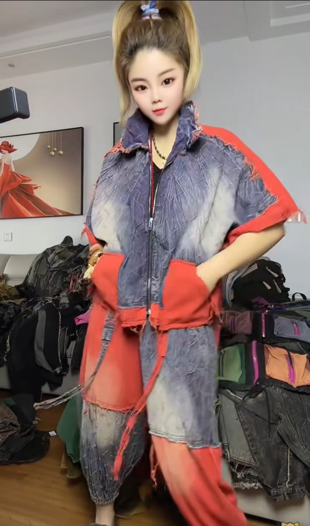 个性撞色潮酷拼接牛仔哈伦两件套外套新款宽松时尚套装春夏薄款