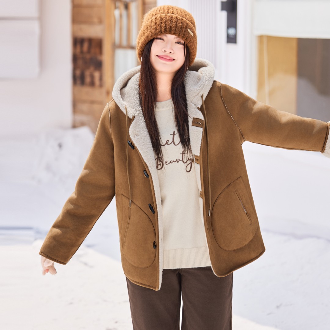 【仿羊羔毛麂皮绒】MsShe大码女装冬装皮毛一体连帽外套D~Q2511008