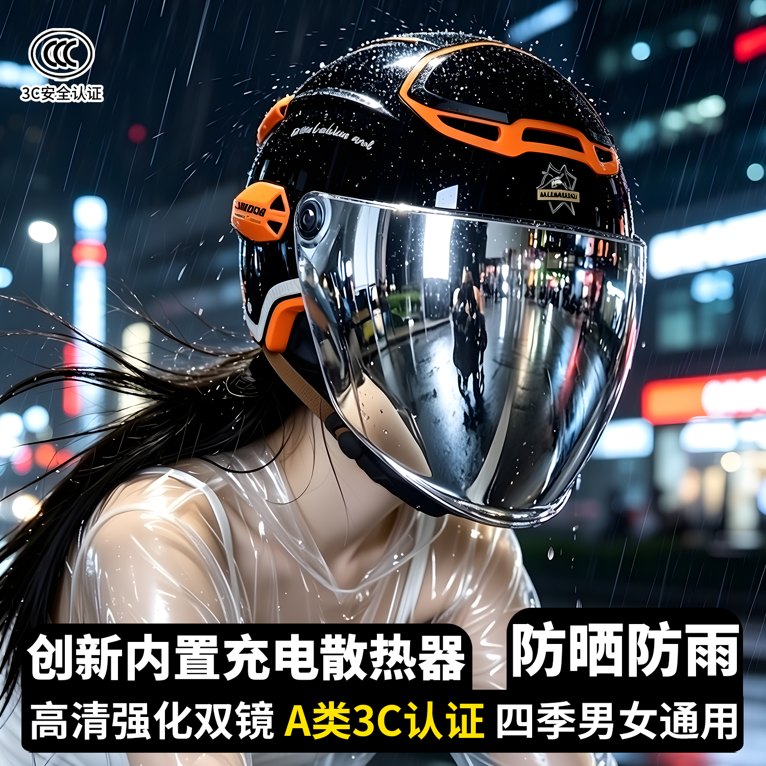 新国标3C认证A类双镜电动车摩托车头盔防晒防雨充电散热器风扇盔