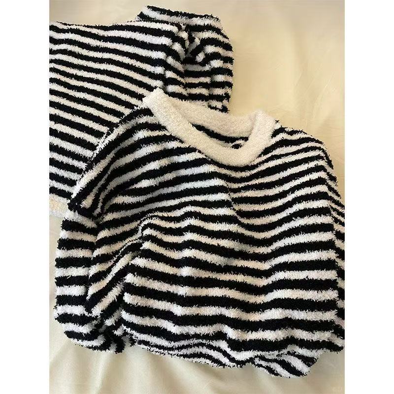 儿童睡衣套装半边绒秋冬季男女童新款加绒加厚条纹家居服两件套