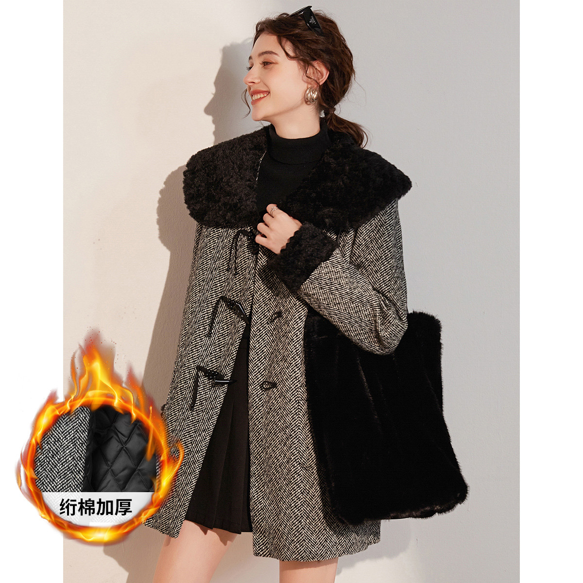 白鹿语冬款气质大翻领宽松中长夹棉加厚串珠盘扣棉衣棉服ZBX10030