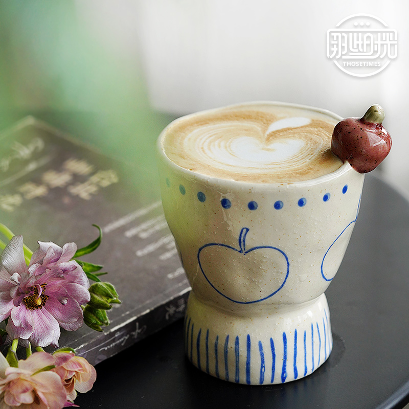 咖啡杯手绘精陶苹果杯蚕豆小众设计高档手工高脚杯子拉花杯手握杯