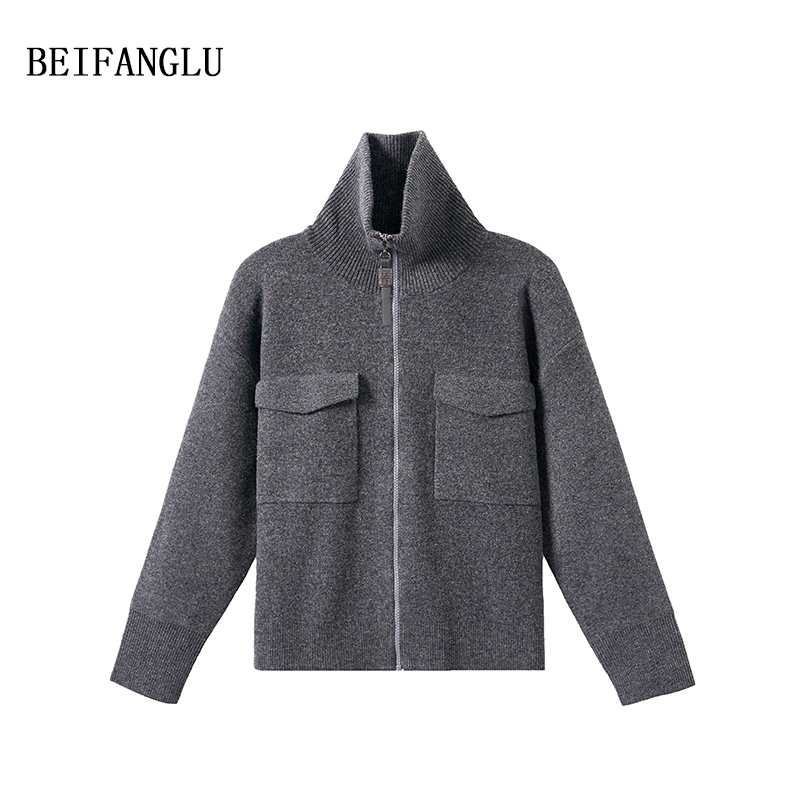 北方鹿100绵羊毛意式B*C高级感拉链针织外套女251273
