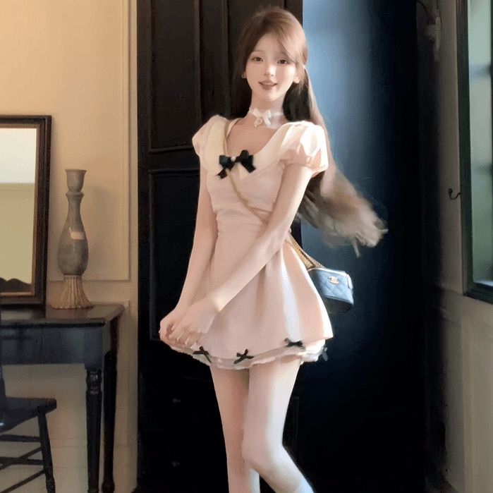 学院风甜美可爱减龄小个子连衣裙女夏蝴蝶结泡泡袖A字裙公主短裙