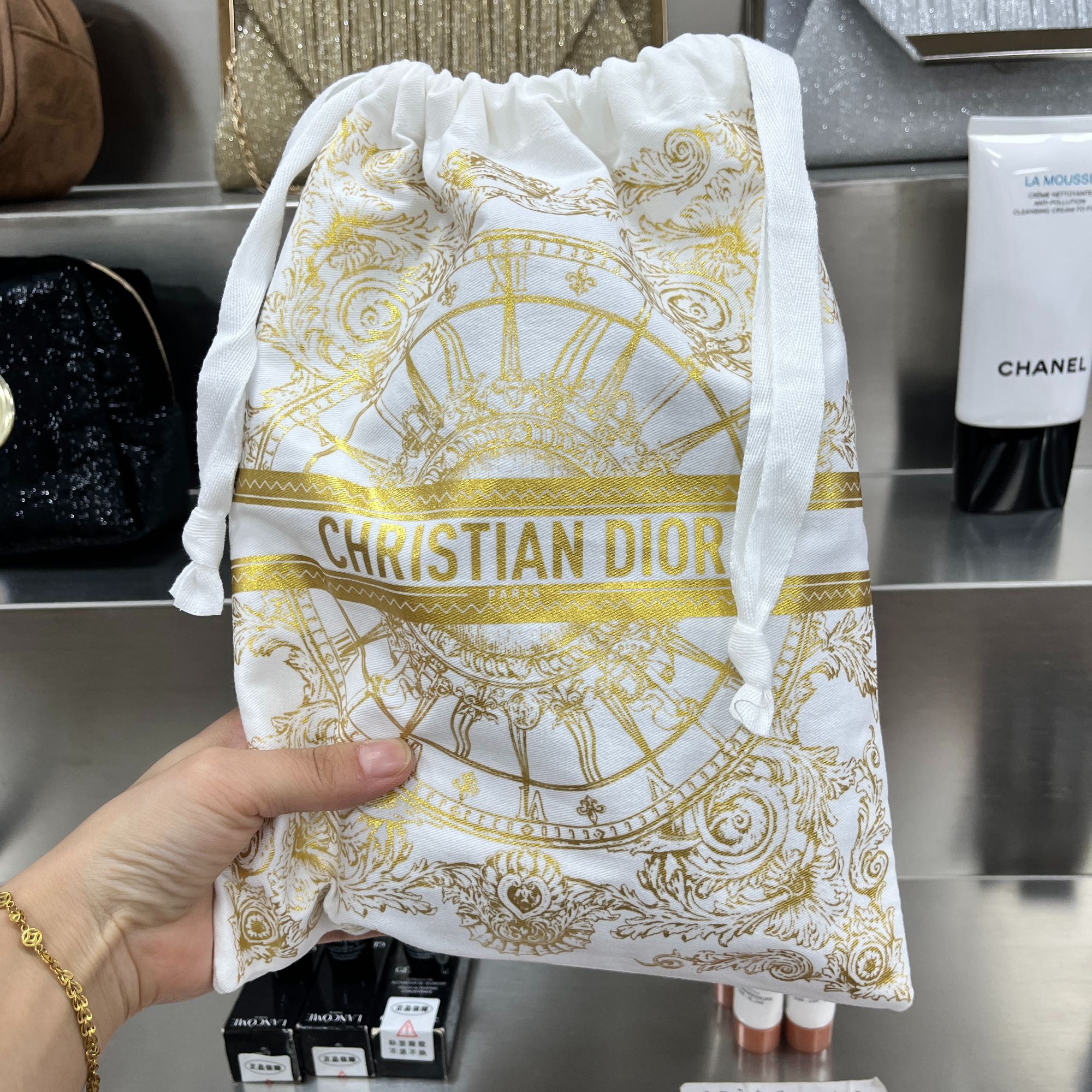 迪奥【K594】Dior香氛世家茹伊印花金色限量布袋子帆布抽绳袋刷包