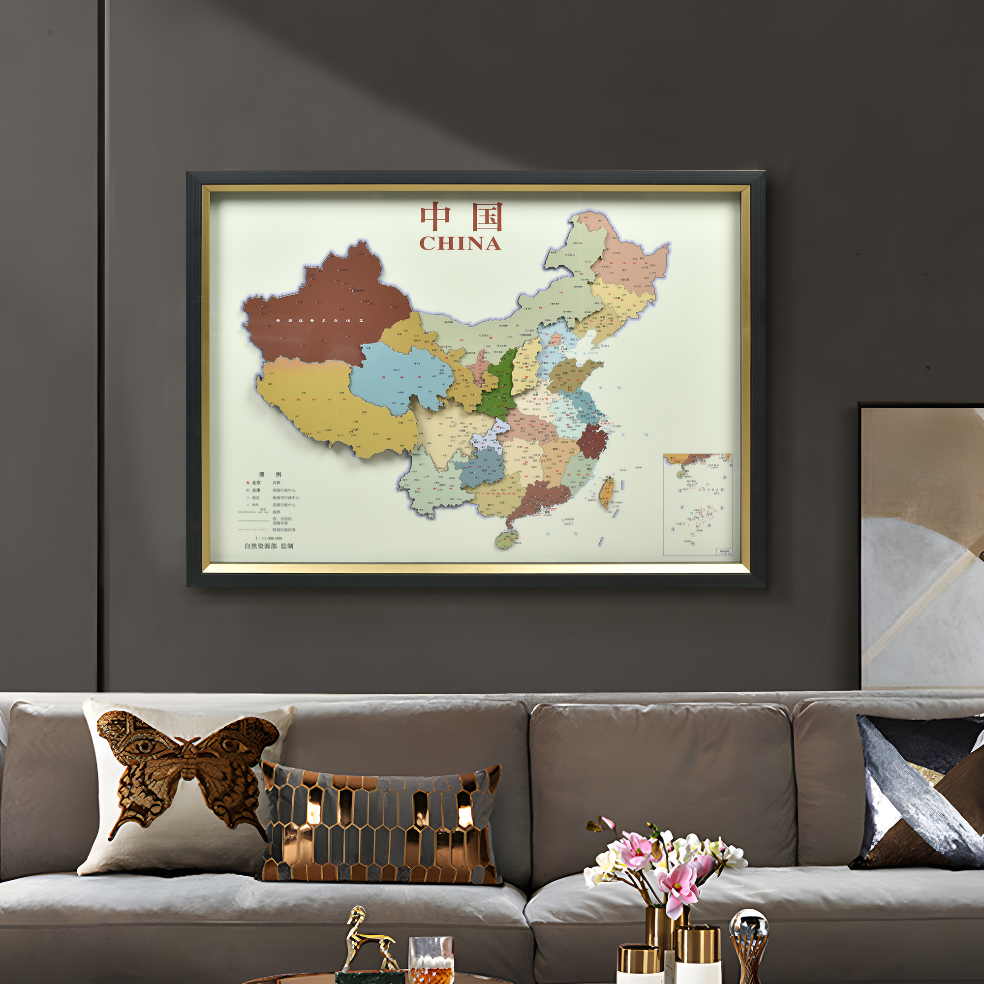 中国地图立体装饰画办公室挂画省份地图书房卧室客厅沙发挂图6080
