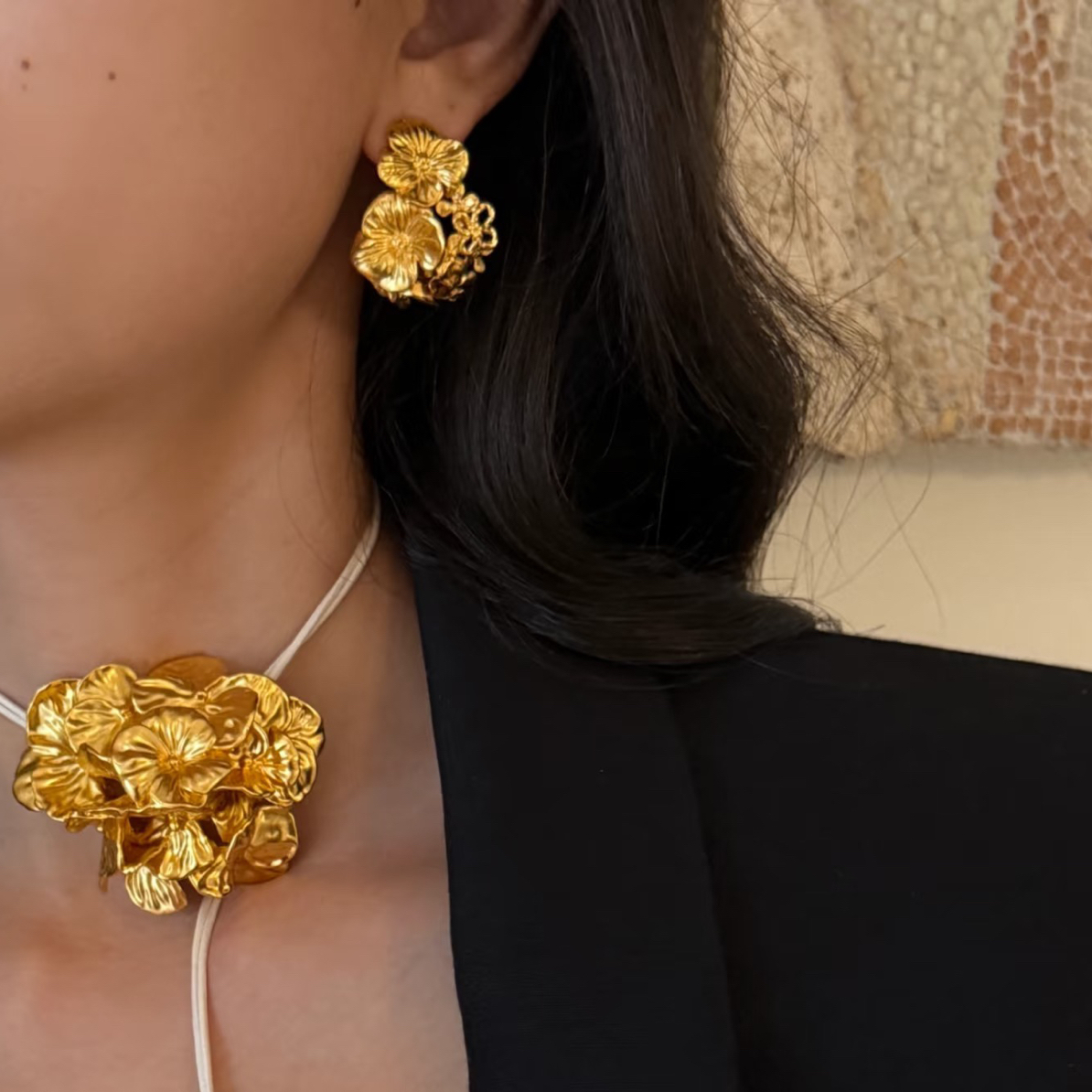 铜合金耳饰 「三花·三世」中古素金耳环重工艺立体玫瑰金色耳坠戒指