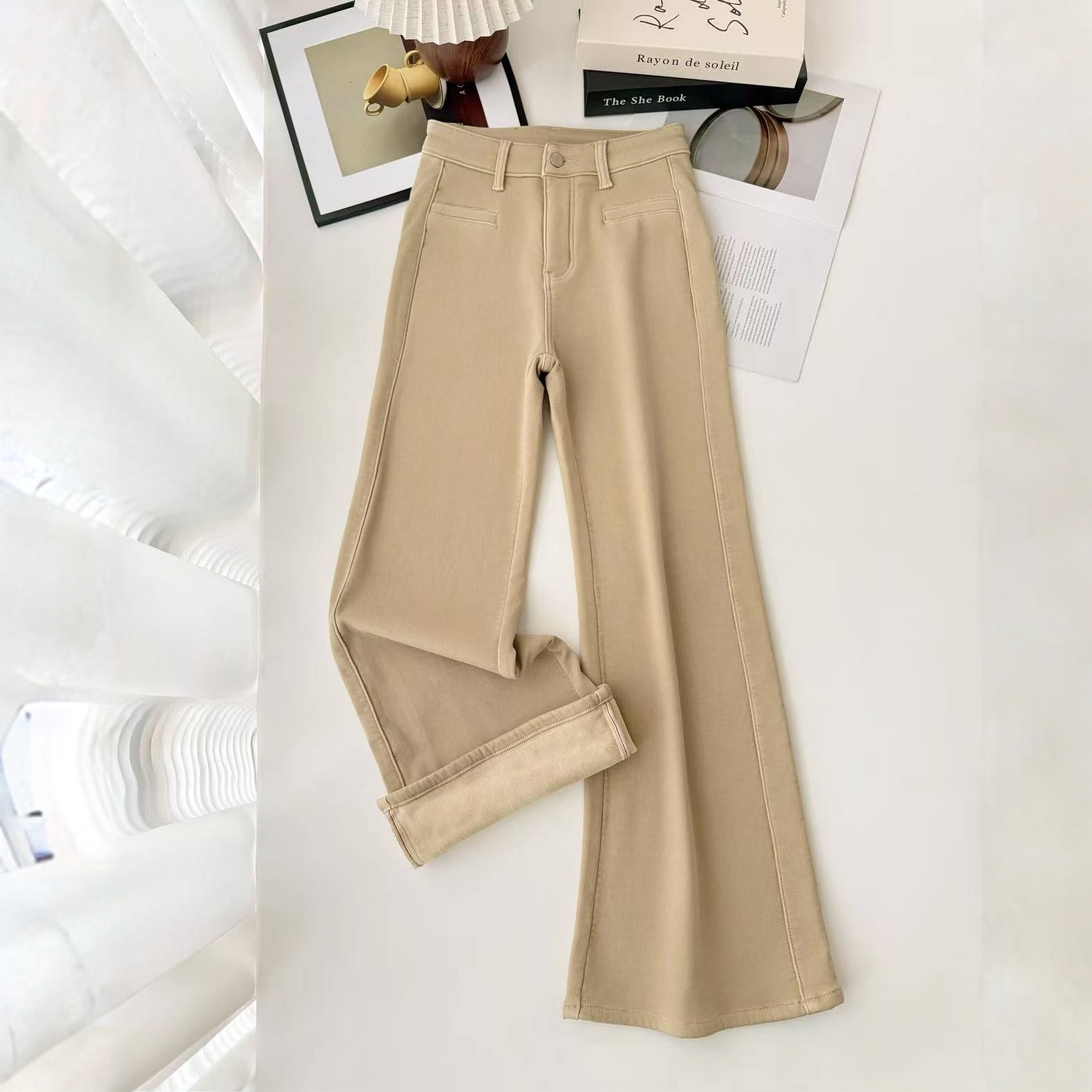 【奶杏色沙漠卡其】不贴腿女神裤]弹力显腿长超模裤加绒微喇裤