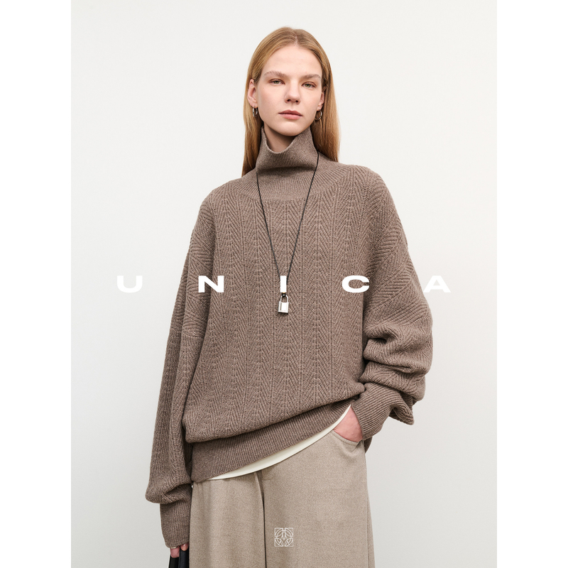 UNICA/时髦复古人字纹加厚羊绒羊毛半高领针织宽松束口裤针织套装