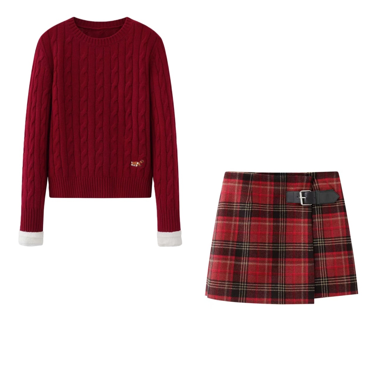 艾家2026春季新款圣诞新年红圆领针织衫显瘦半身裙套装女01271509