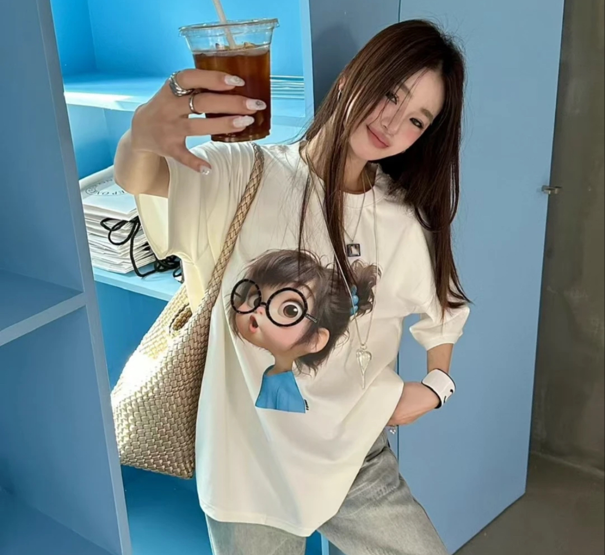 WTT-9021夏季短袖宽松韩版针织印花T恤小众卡通动漫通勤