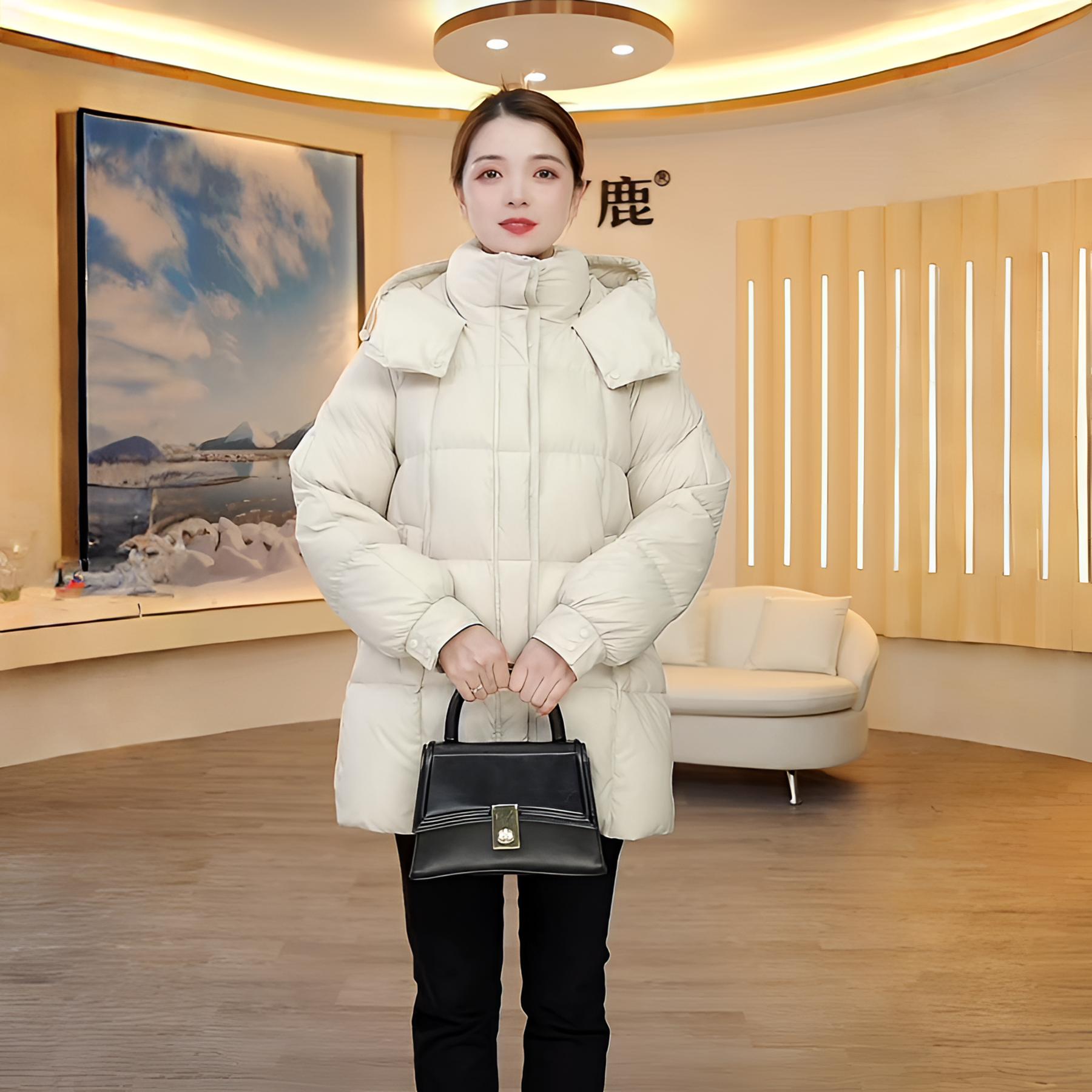 V/雅鹿YQX01B06890新款连帽中长款90%白鸭绒羽绒服宽松外女