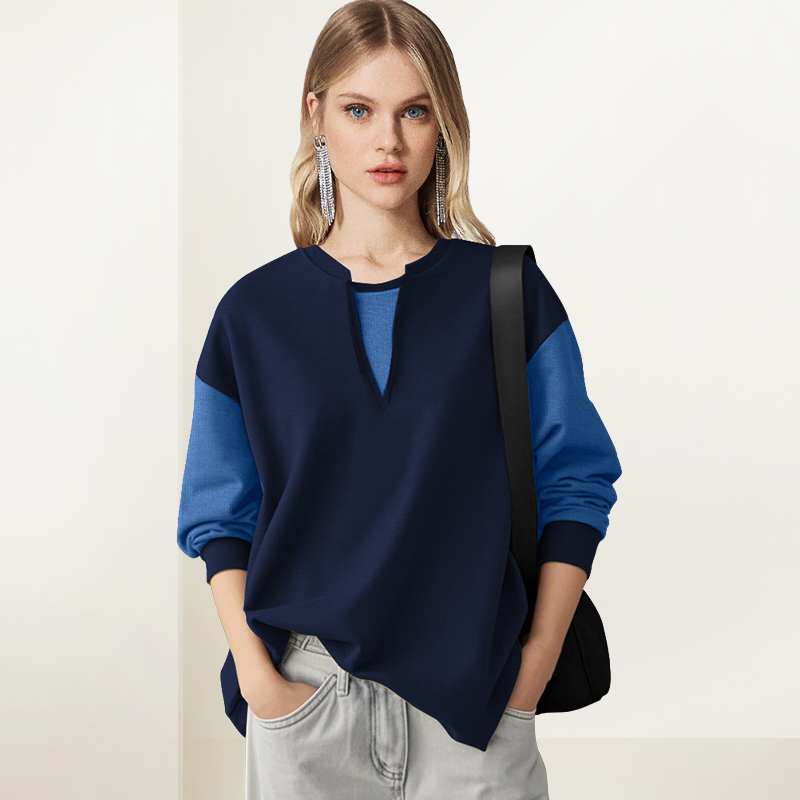 设计感圆领撞色T恤卫衣女2025年秋装新款假两件拼接宽松显瘦上衣