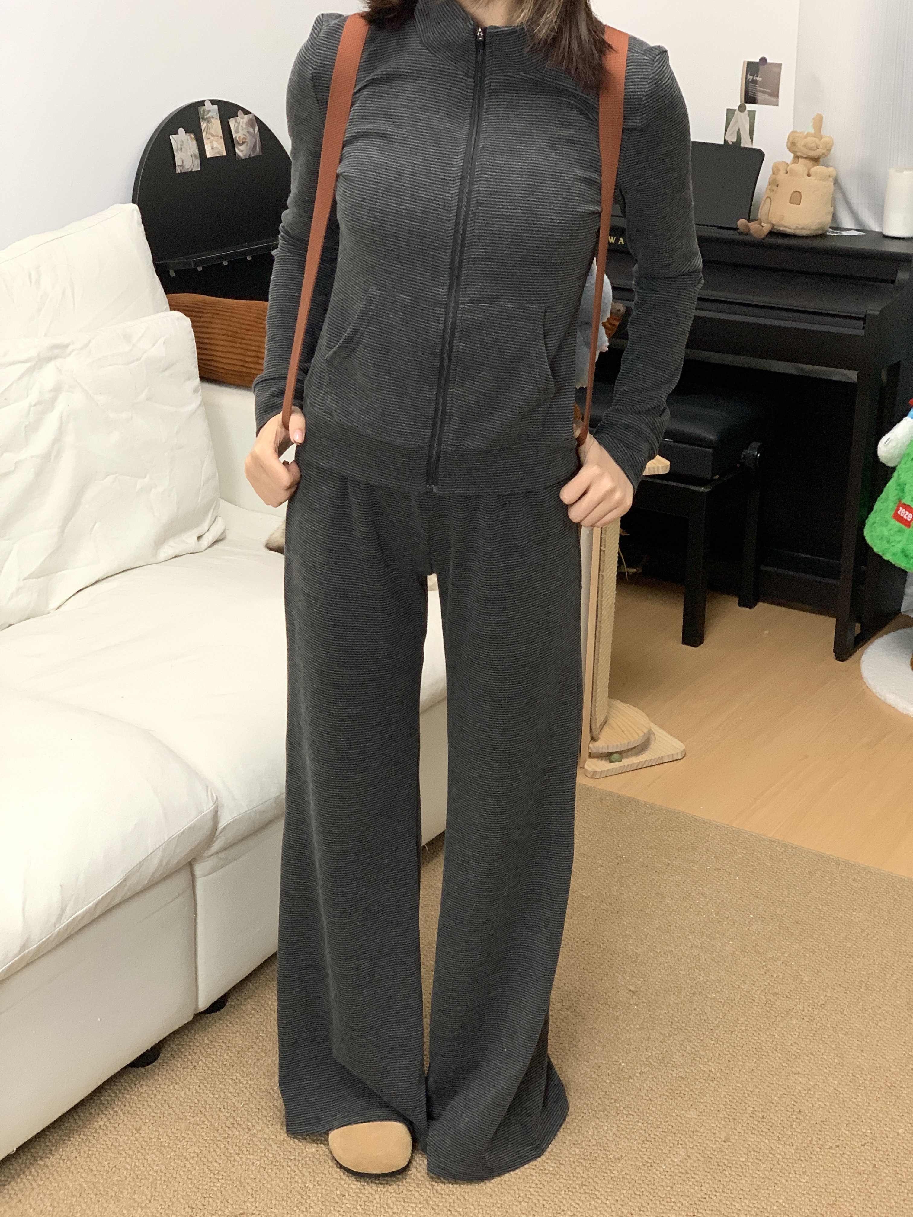 【soso】深灰色条纹立领卫衣套装女秋冬季休闲开衫裤子两件套