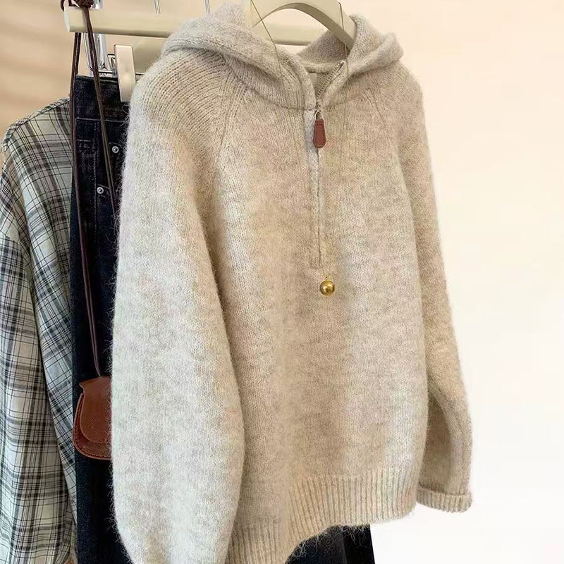 半拉链套头连帽羊毛衫秋冬2025新款慵懒风软糯打底上衣加厚针织衫