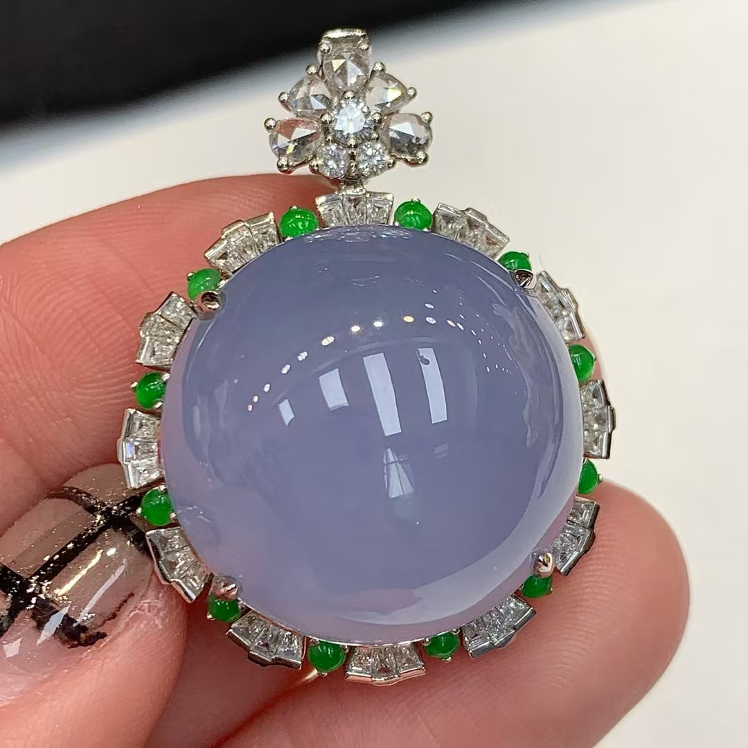 18K金南非真钻镶嵌浓紫大蛋面吊坠戒指两用款