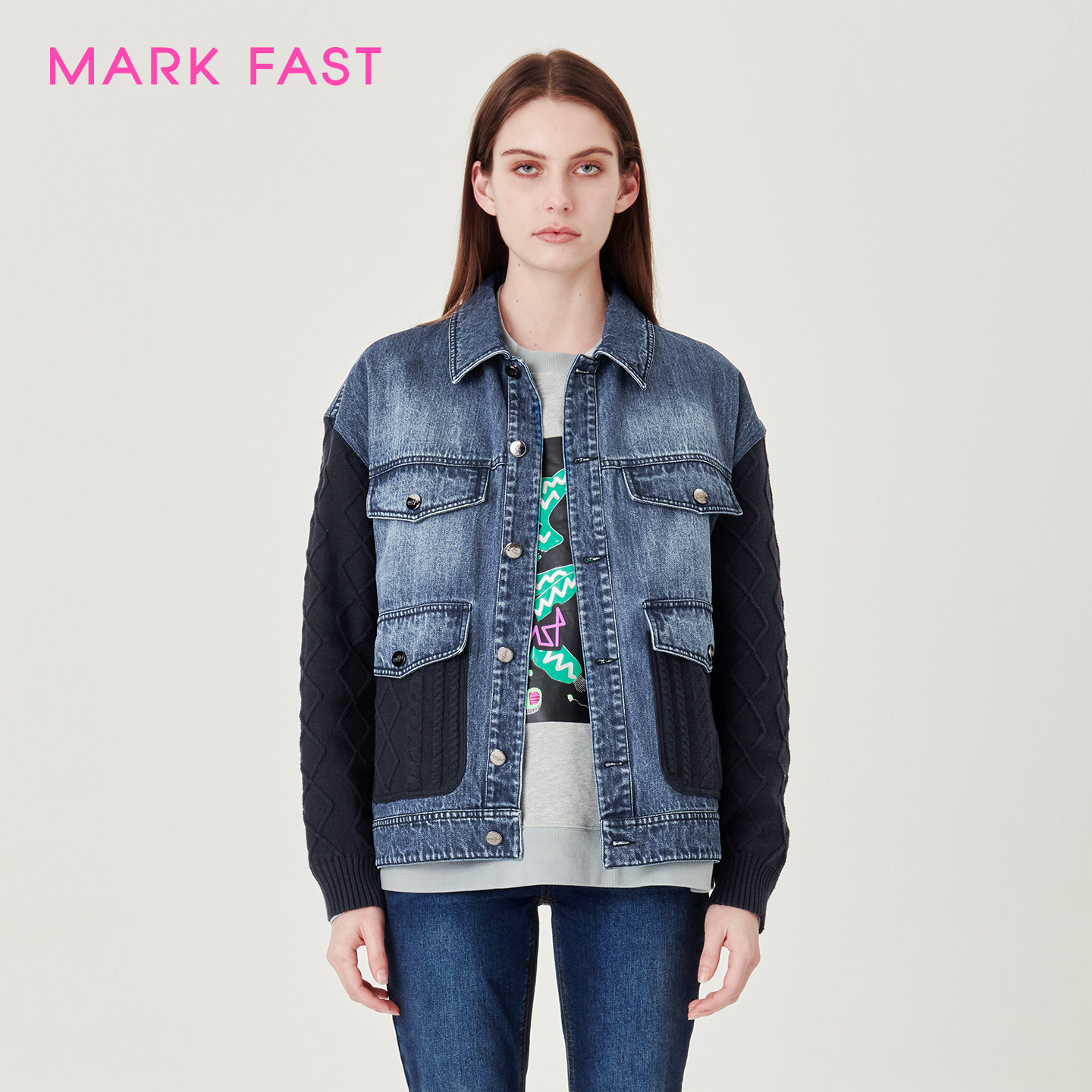 MARKFAST设计师品牌时尚针织拼接牛仔外套情侣款上衣M1CFU15810