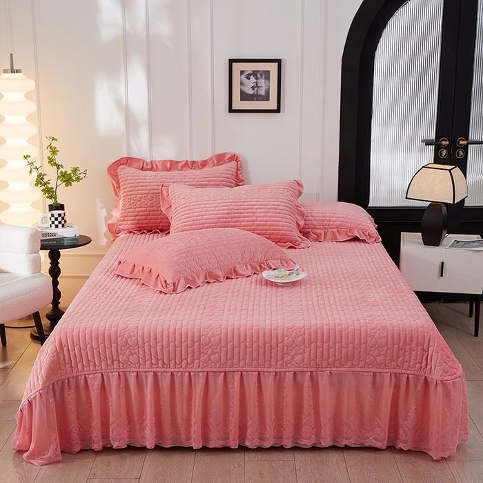 秋冬新款加厚婴儿绒床裙款床盖蕾丝花边三层夹棉绗缝不跑床可机洗