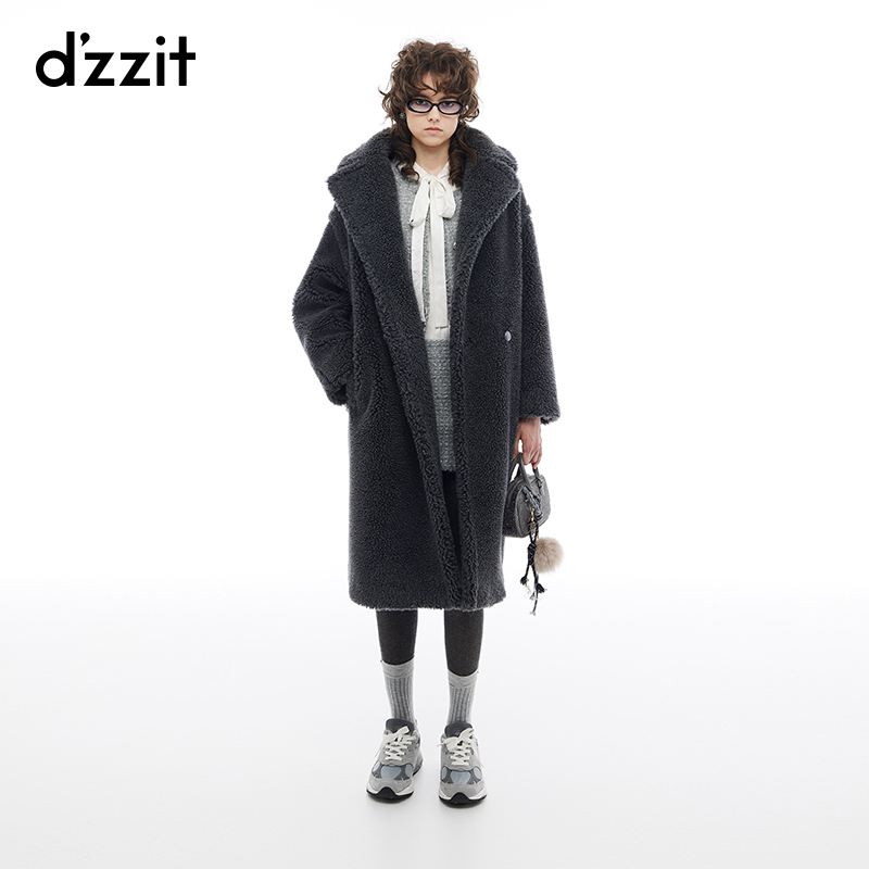 dzzit地素毛呢外套冬季老钱风茧型翻领颗粒绒中长大衣3I4G306