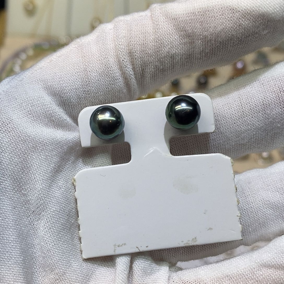 海水珍珠银S925镶嵌耳饰8-9孔雀绿