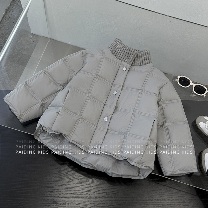 冬装儿童韩版纯色方格绗线保暖厚款针织立领棉服HCXZ4791