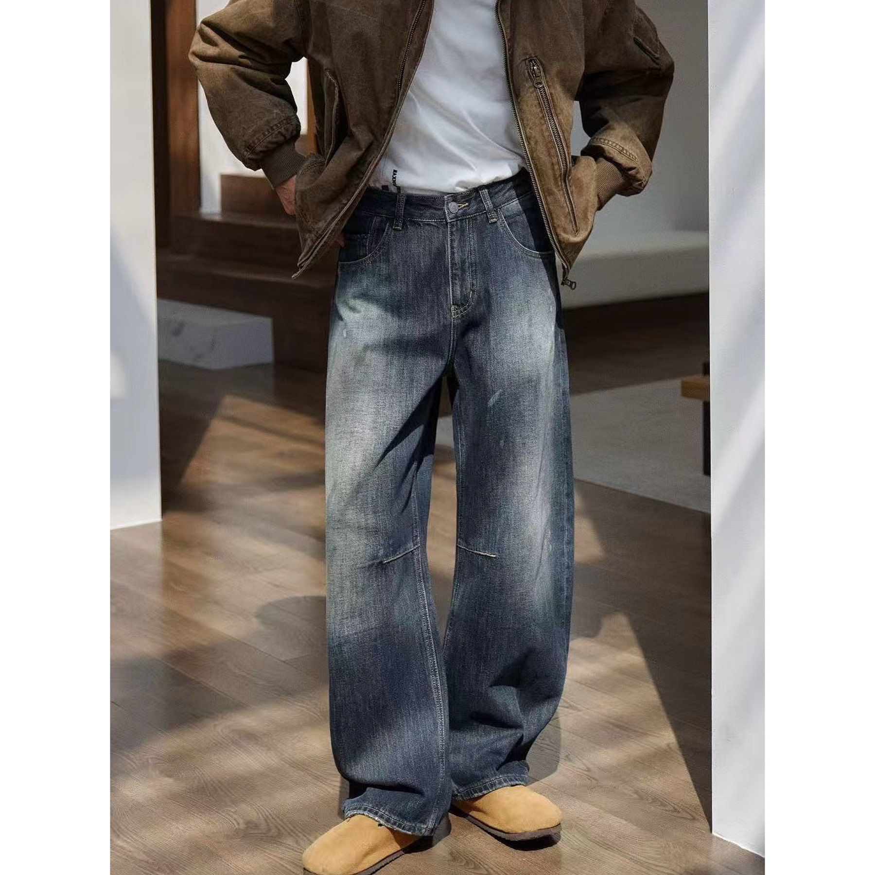 【张茂studio】冬季新款水洗蓝色小弯刀宽松百搭加绒男士牛仔裤子