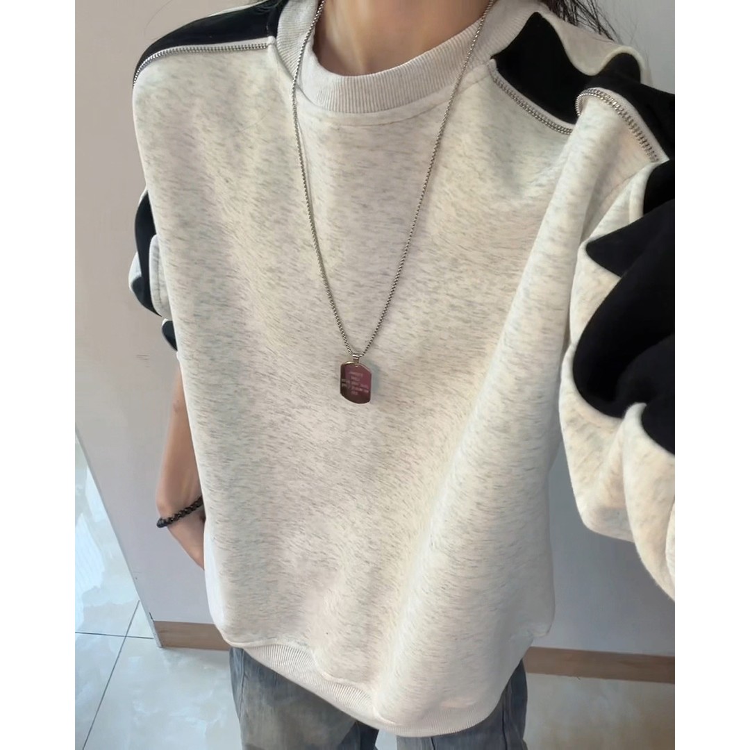 潮牌重磅撞色圆领卫衣男冬保暖加绒加厚宽松百搭休闲情侣套头上衣