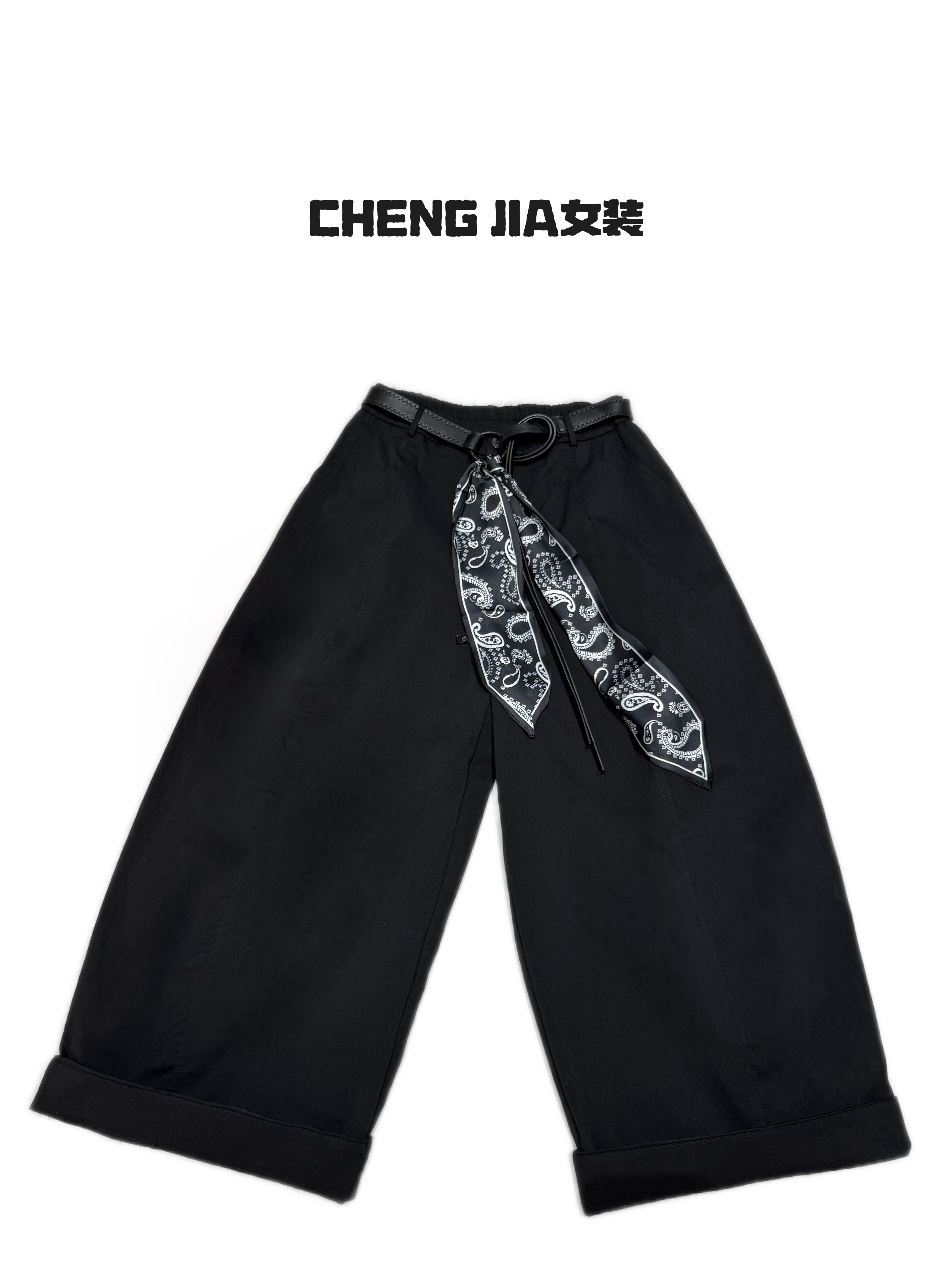 CHENGJIA-秋季新款配腰带丝巾九分休闲宽松弯刀裤女阔腿