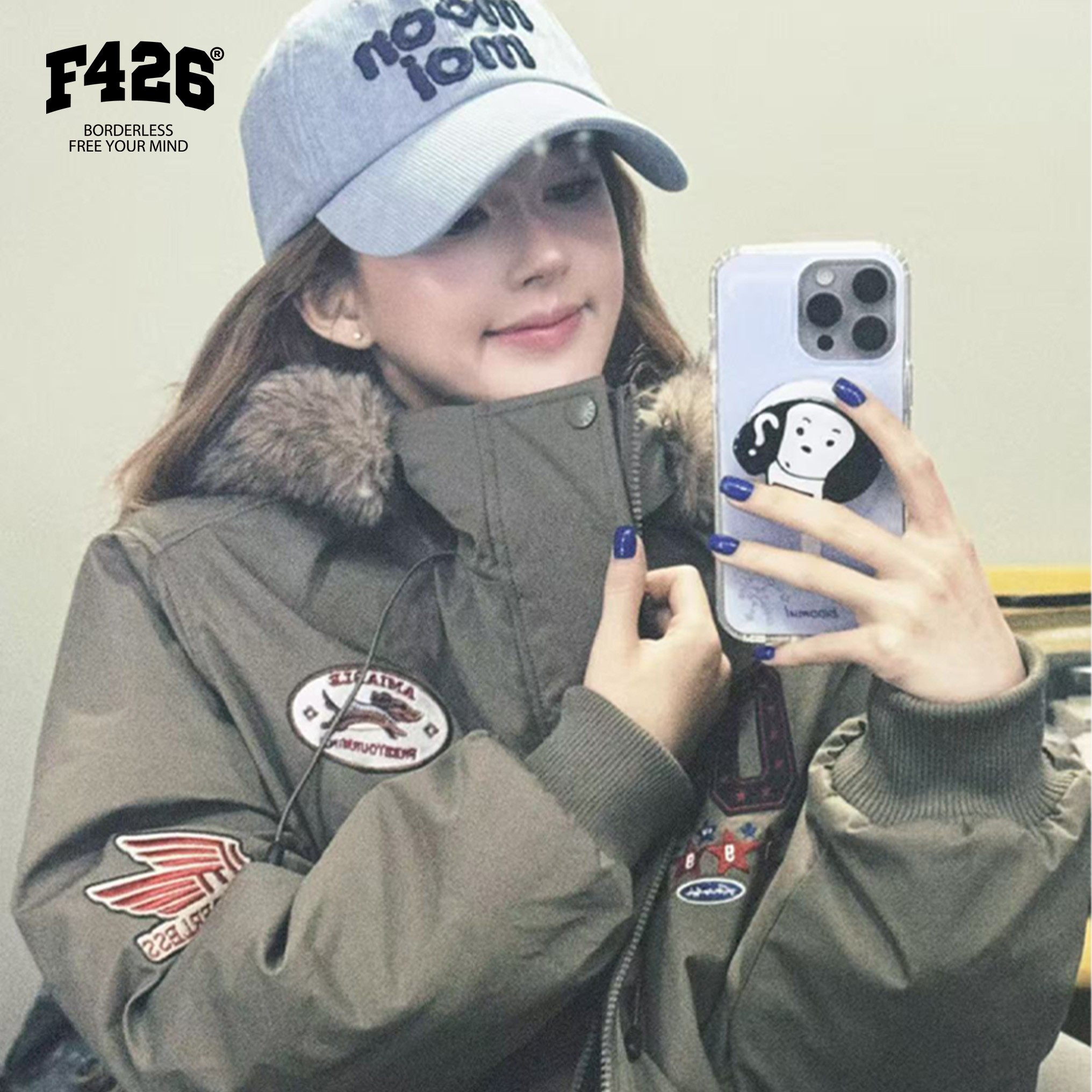 F426【代言人赵露思同款】复古刺绣标连帽毛领派克夹克棉服7668 达