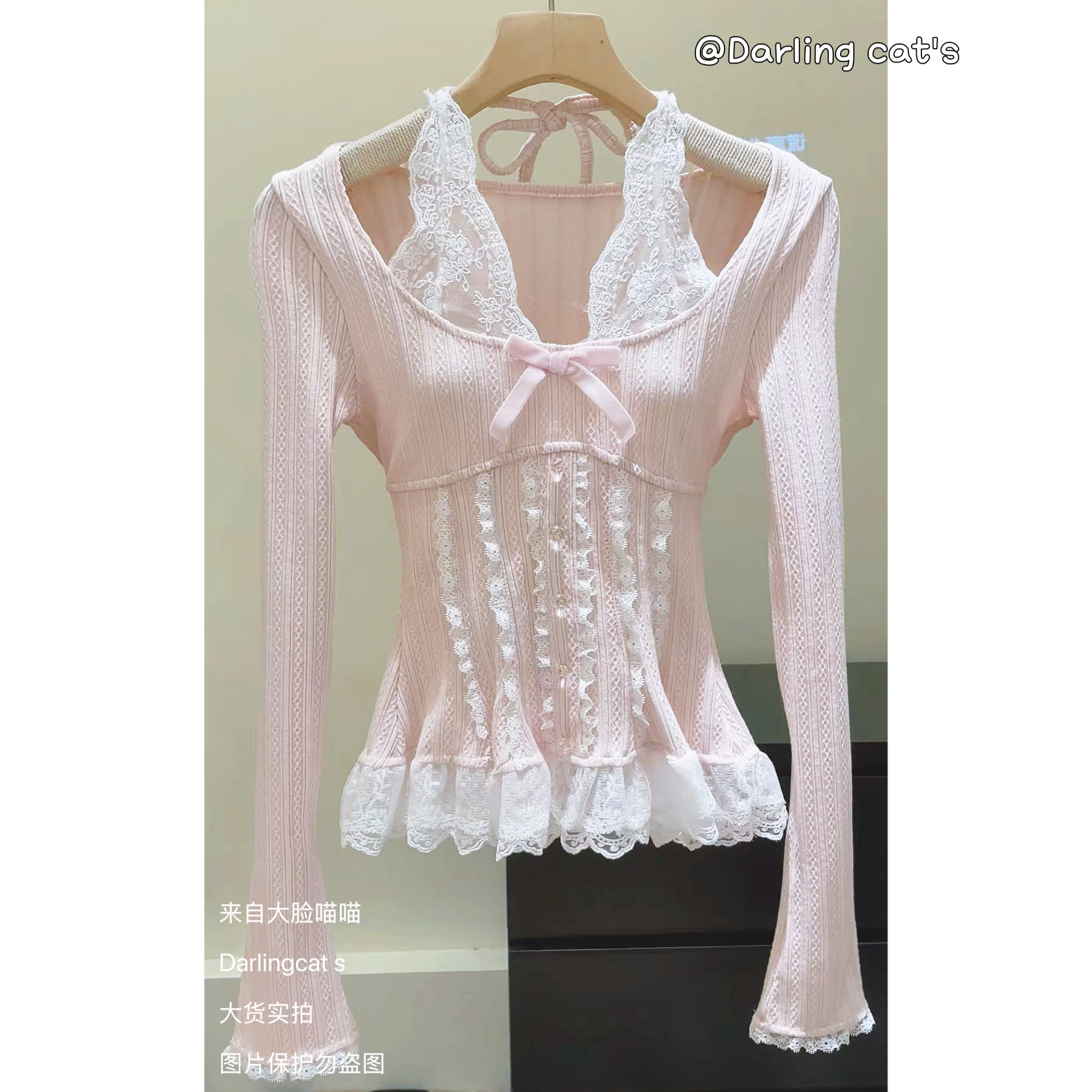  【大脸喵喵实拍】霜花香颂 蕾丝挂脖假两件针织衫上衣内搭外穿
