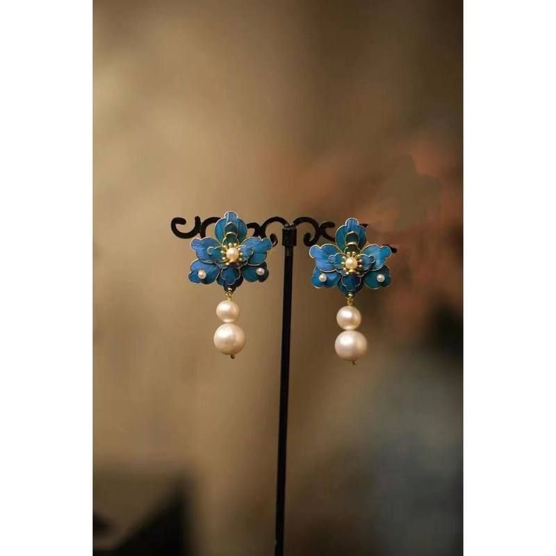 铜合金珐琅耳饰 国朝复古汉服饰品搭配银鎏金花丝镶嵌原创设计