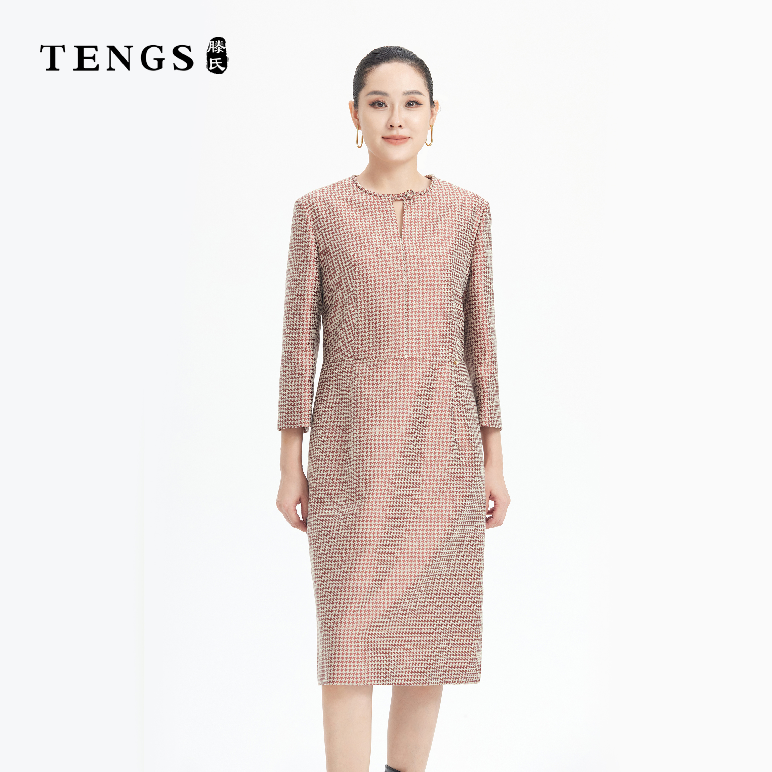 TENGS滕氏女装色织千鸟格纹优雅气质修身连衣裙