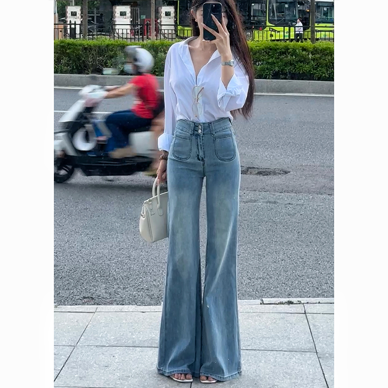 浅色高腰微喇牛仔裤女2025秋季新款小个子显瘦弹力喇叭拖地长裤